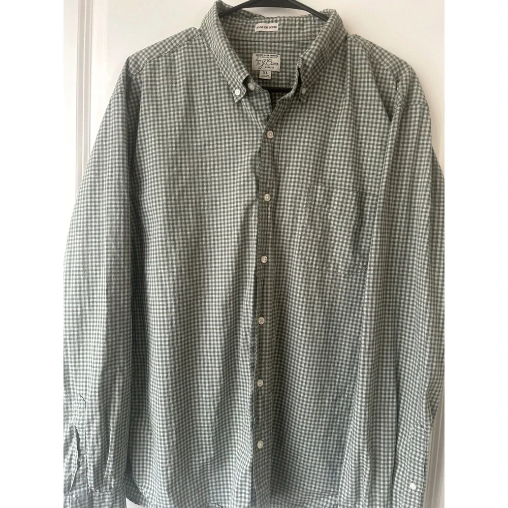 J. Crew Slim Untucked Secret Wash Shirt XL Green Gingham Organic Cotton Stretch